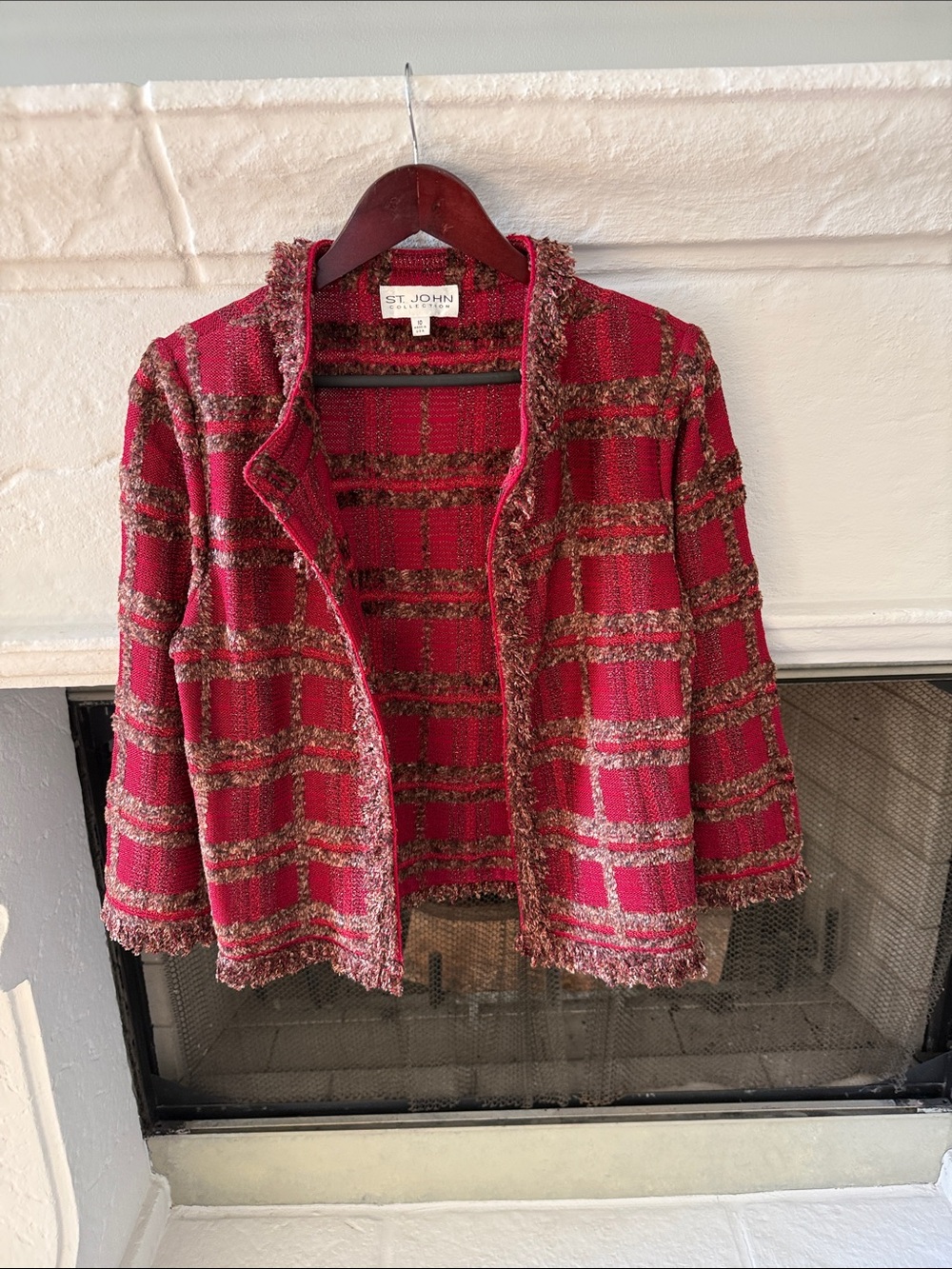 St. John Red & Brown Tweed Fringe-Trim Jacket - Picture 3 of 7